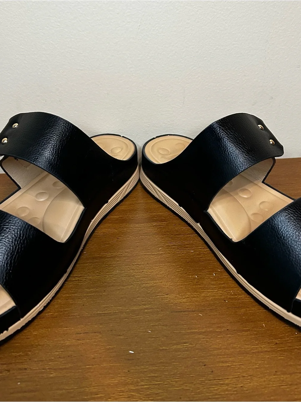 Black Slide Sandals with Gold Ring Accent